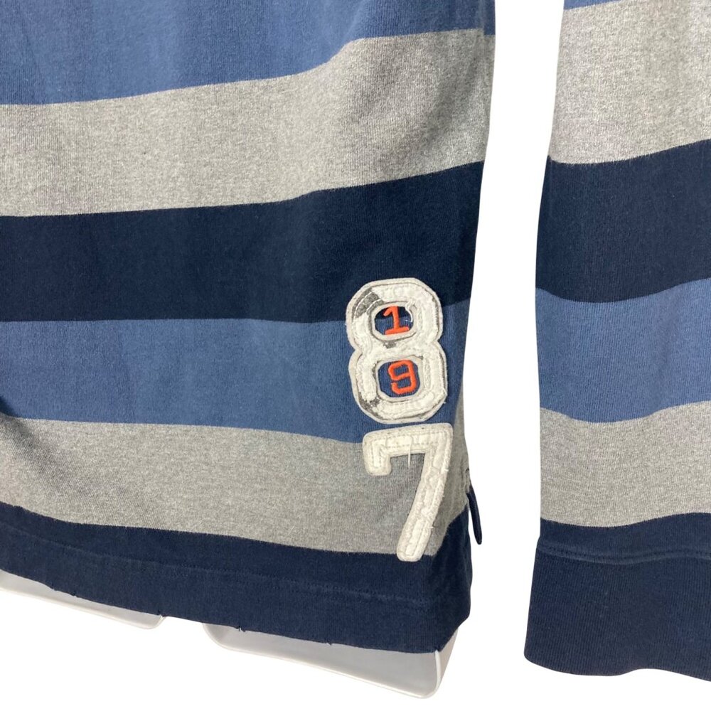 Aeropostale Rugby Shirt Mens Small Blue Gray Striped NYC Patch Athletic Y2K - Picture 9 of 12
